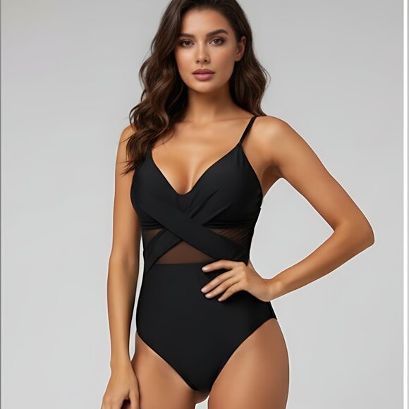 By Design Other - Black Contrast Mesh Wrap Front One Piece Swimsuit